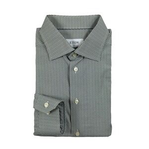 ETON Slim Fit Brown Blue Bulldog Print Mens Cotton Button Front Shirt 16/41